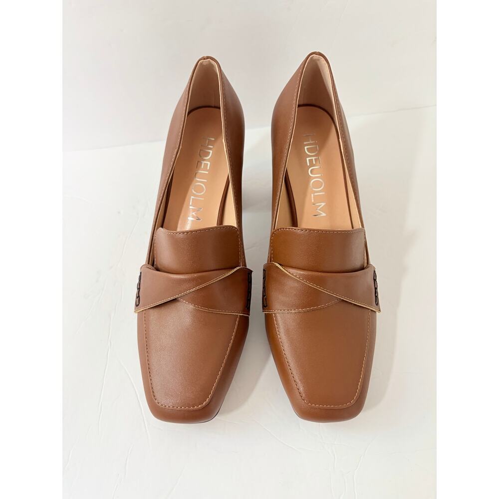 HDEUOLM Brown Square Toe Block Heel Loafer Pumps Women’s Size 8